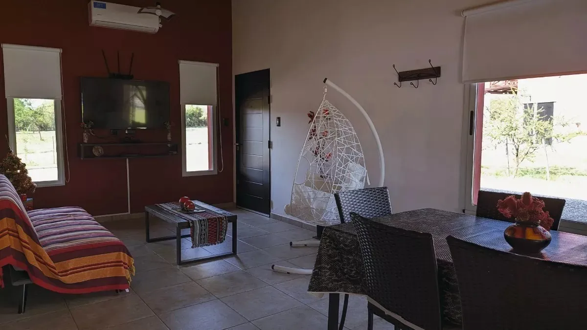 Living comedor con sillón, silla colgante blanca y ventanas al jardín